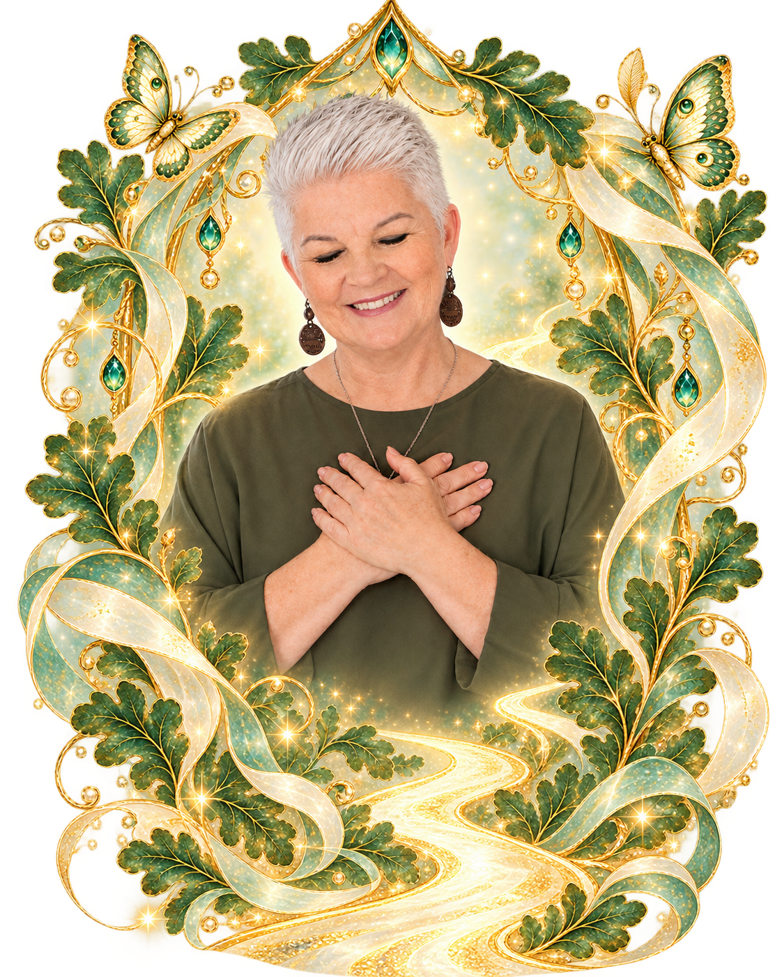 Angela M. Carter smiling with her hands over her heart, framed by flowing oak leaves, butterflies and a luminous golden pathway