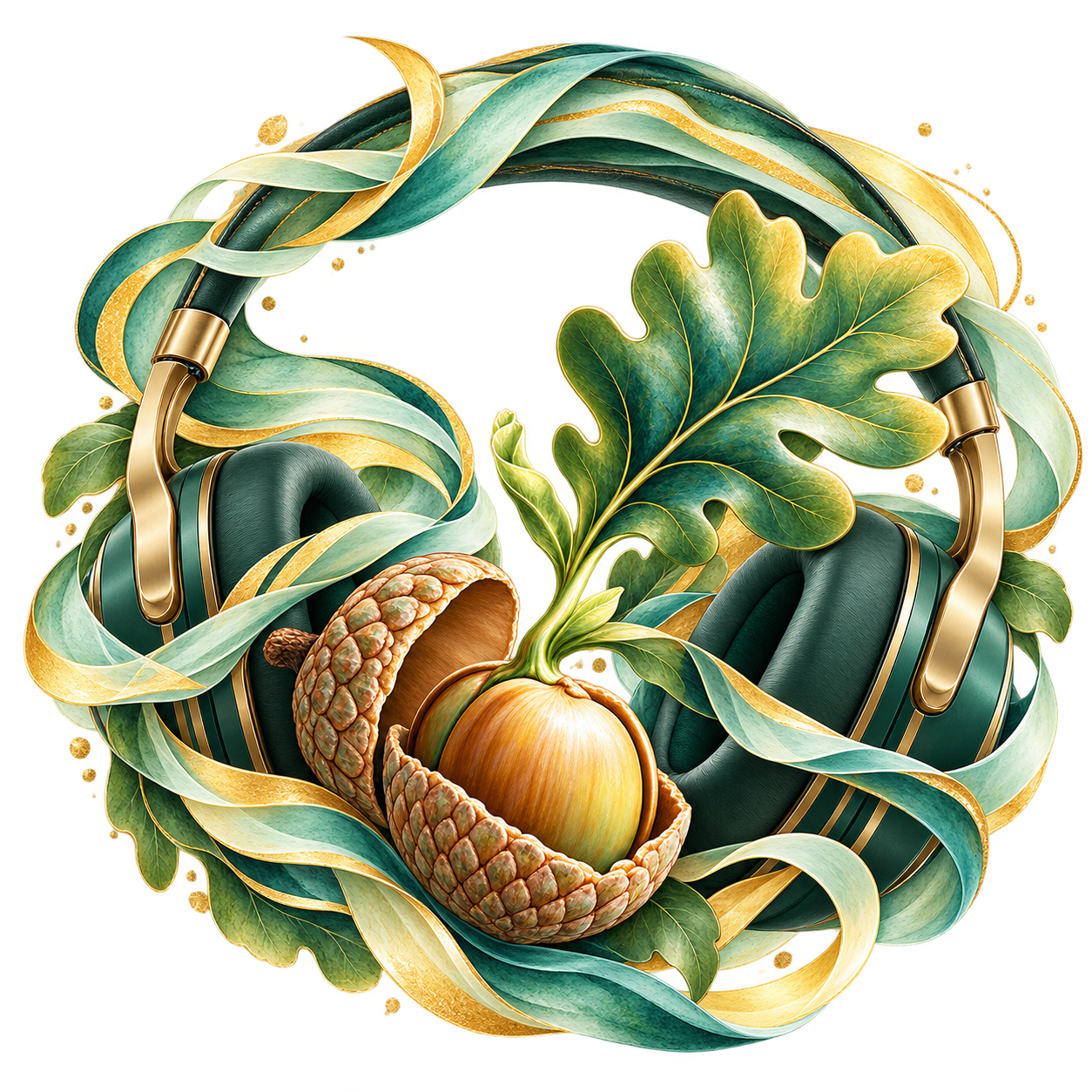 Green and gold headphones woven around an acorn and oak leaves