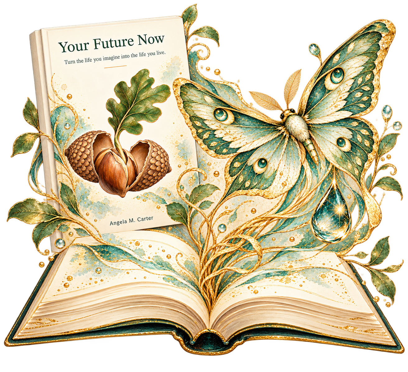 Your Future Now book rising from an open book with a luminous butterfly and oak leaves