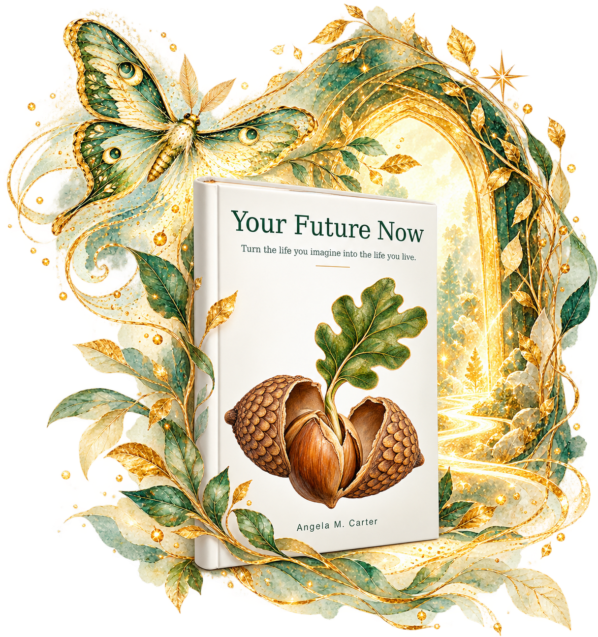 Your Future Now book surrounded by butterflies, oak leaves and golden light