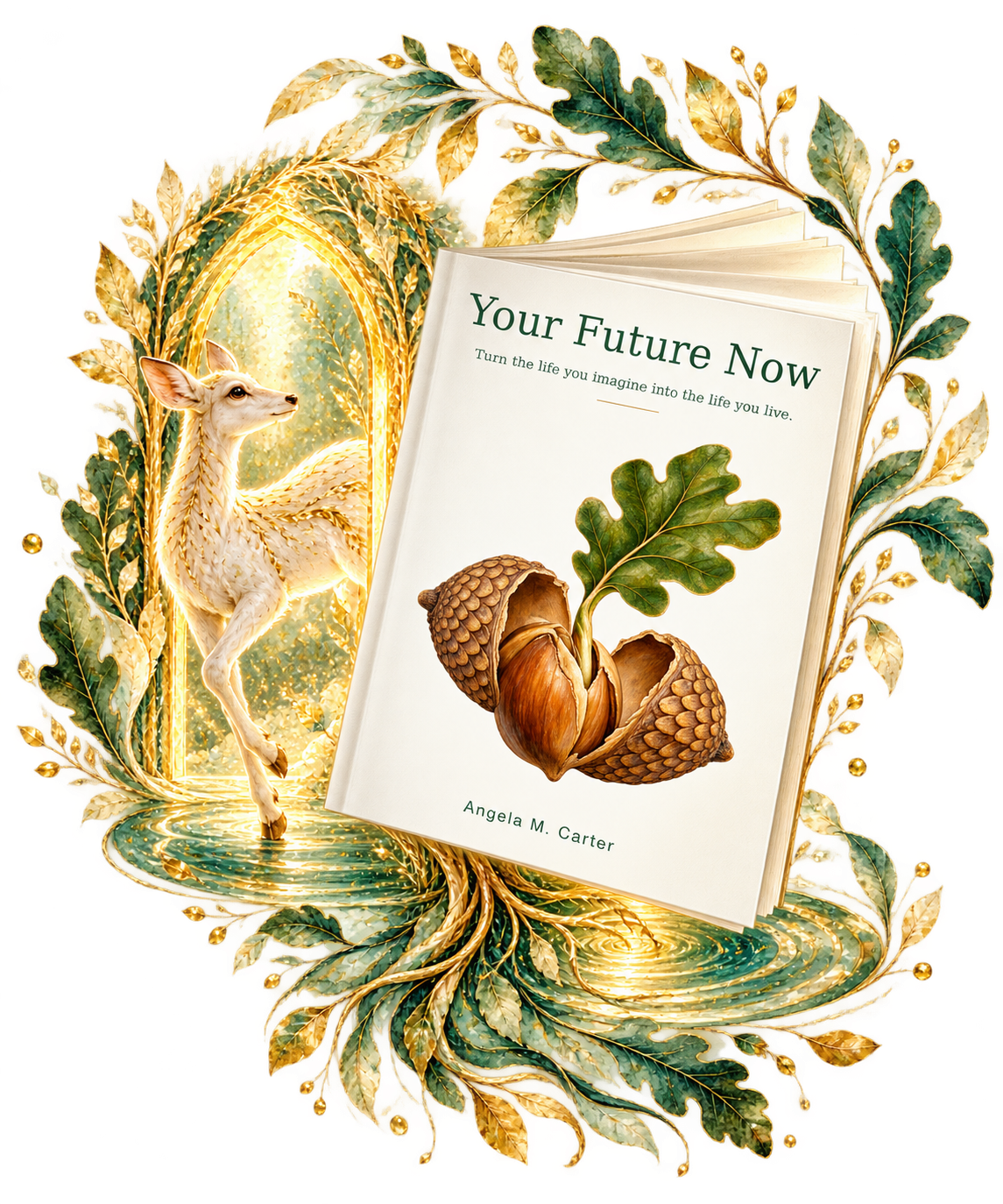 Your Future Now book held within a luminous green and gold landscape