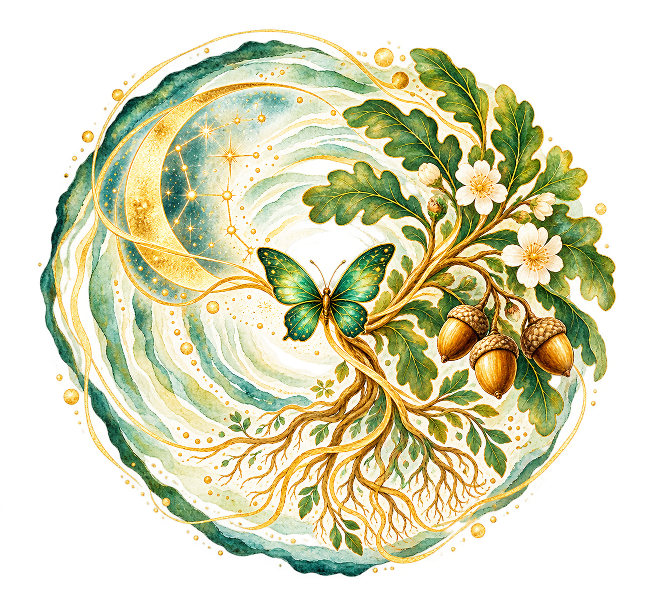 A sacred green and gold circle where celestial light becomes a rooted, flowering oak branch