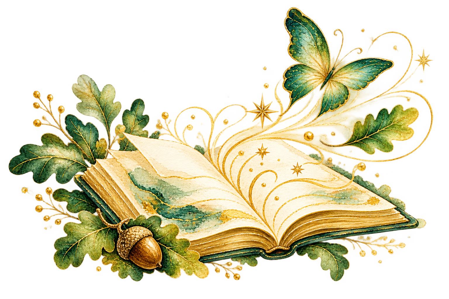 An open journal surrounded by oak leaves, an acorn, golden starlight and a green butterfly