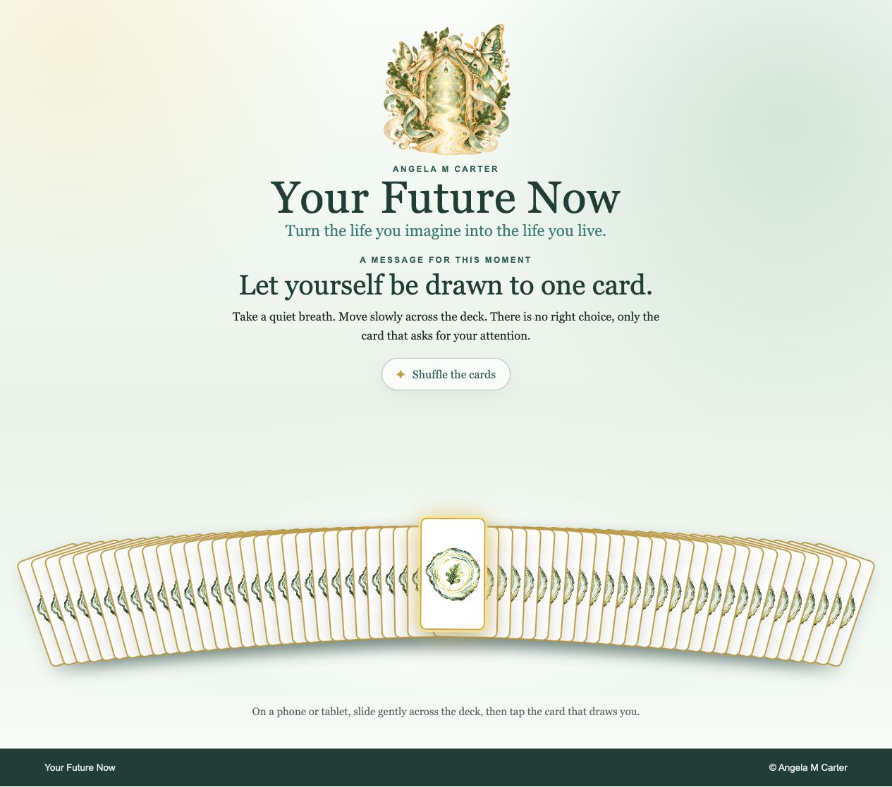 Your Future Now oracle homepage showing the complete fan of 58 hidden cards