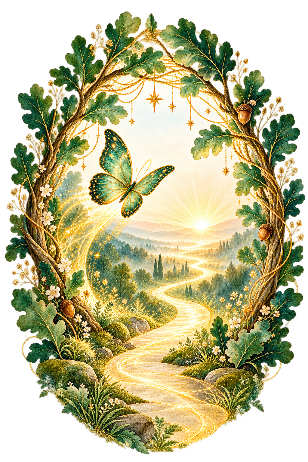A luminous pathway framed by oak branches, celestial stars and a green butterfly
